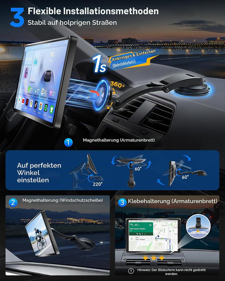 URVOLAX 10,1" Drehbares Apple CarPlay: Android 13 Wireless Android Auto Display mit Google Play - Ma