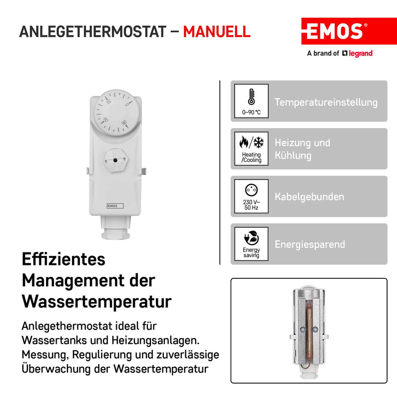 EMOS Anlegethermostat mit Drehknopf und Schraubenfeder, analoger Rohranlegethermostat für Heizung un