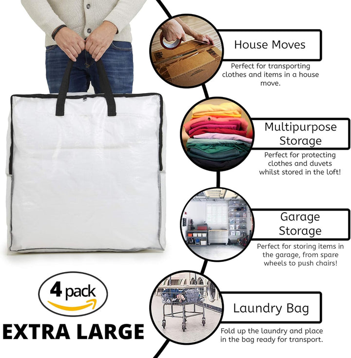 DECO EXPRESS Wäschesack Gross Mit Reissverschluss XXL, 4er Pack Aufbewahrungstasche Für Kleidung, Be