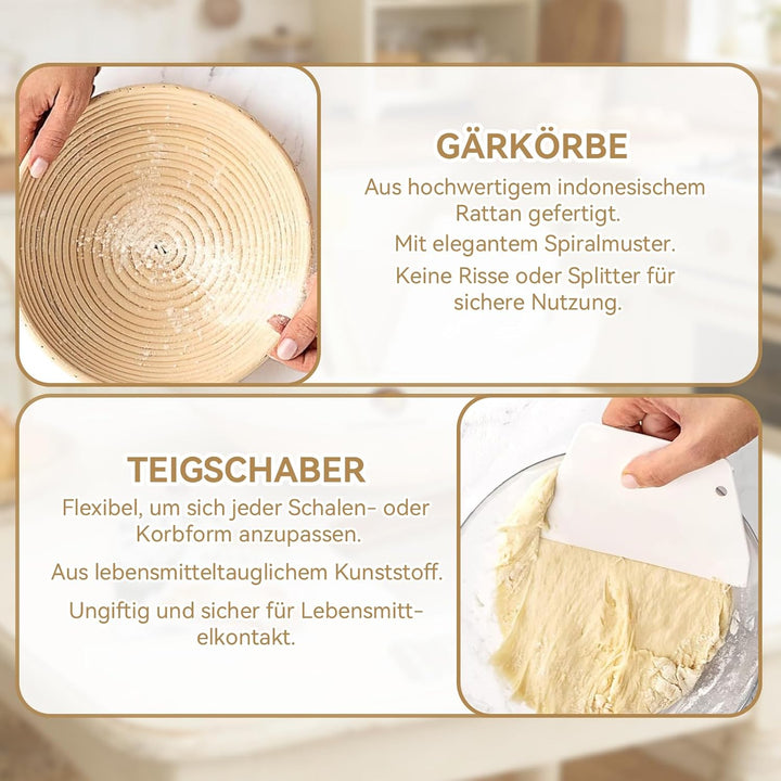 Sauerteig Starter Set, 13 Stück Gärkorb Brot Set 23cm Gärkörbchen Rattan Komplettset Brot Backen Zub