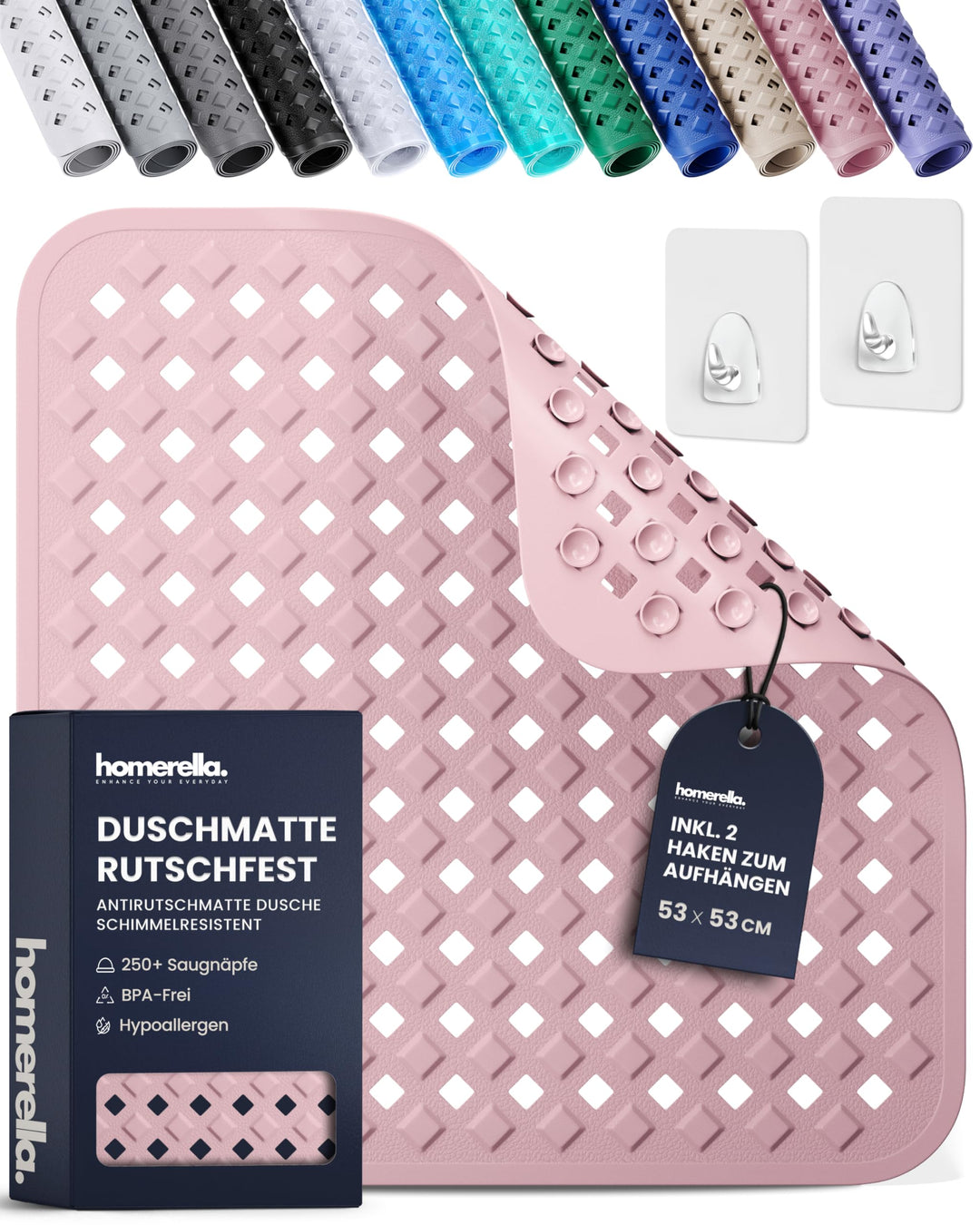 Homerella Duschmatte rutschfest 53x53 cm Dusche - Wanneneinlage Rosé | Inklusive 2 Klebehaken zum pl