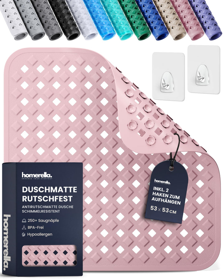 Homerella Duschmatte rutschfest 53x53 cm Dusche - Wanneneinlage Rosé | Inklusive 2 Klebehaken zum pl