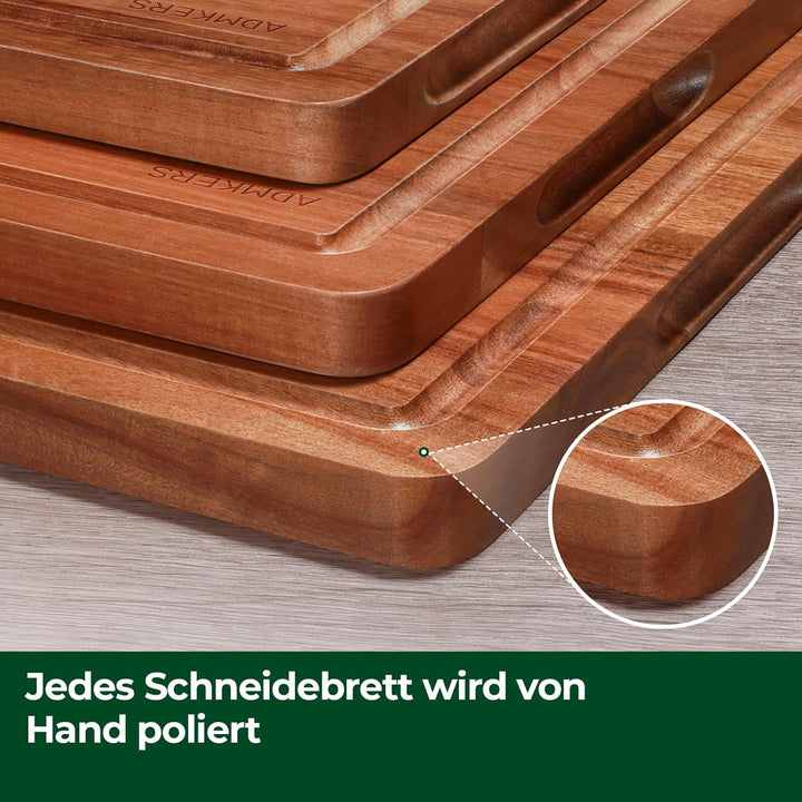 Schneidebrett Holz 3er Set, grosses Schneidebrett aus massivem Akazienholz, 2 cm dickes Küchenbrett