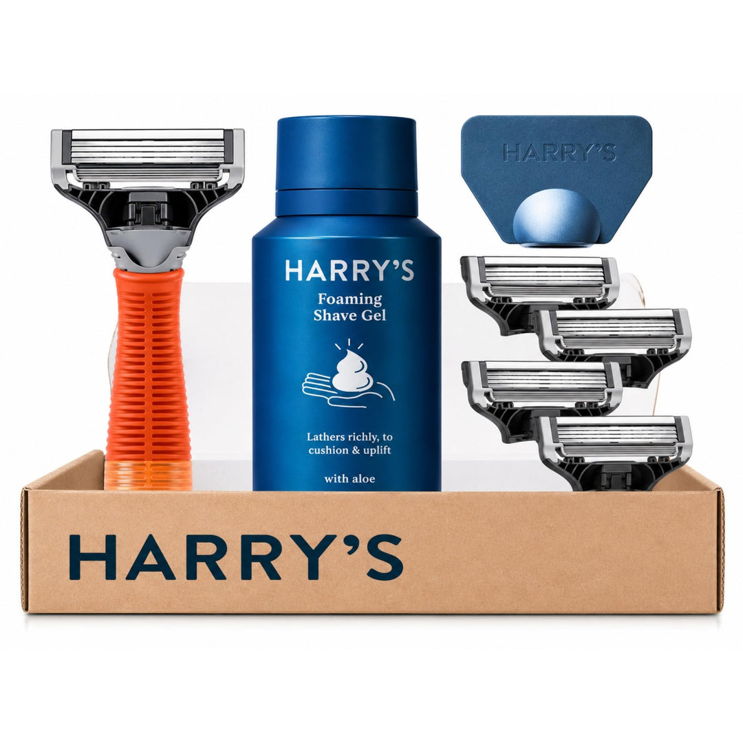 Harry’s Nassrasierer für Männer – Rasier-Set mit orangefarbenem Griff, 4 Ersatz-Rasierklingen, Reise
