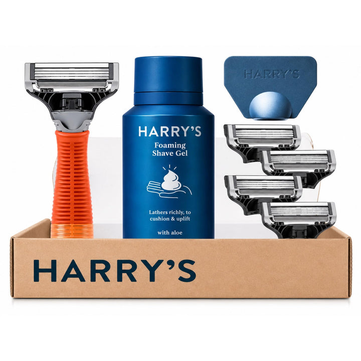 Harry’s Nassrasierer für Männer – Rasier-Set mit orangefarbenem Griff, 4 Ersatz-Rasierklingen, Reise