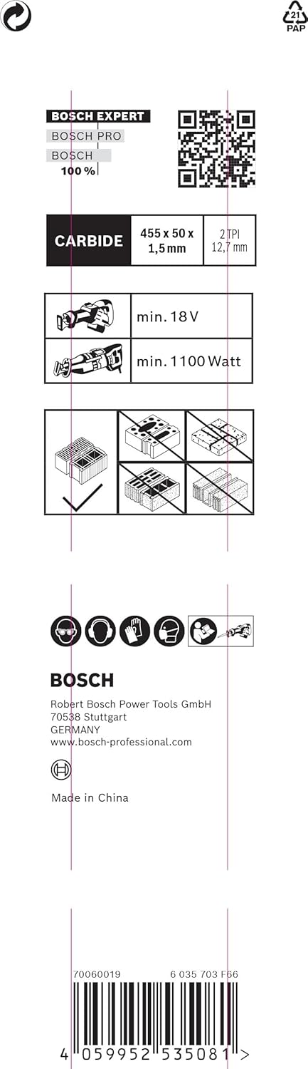 Bosch Professional 1x Expert ‘Hollow Brick’ S 2243 HM Säbelsägeblatt (für Planziegel, Länge 455 mm,