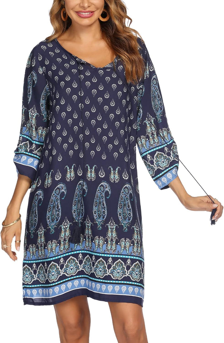 Beyove Damen Bohemian Tunika Kleid Strandkleid Sommerkleider Vintage Strandtunika 3/4-Arm Rundhals K