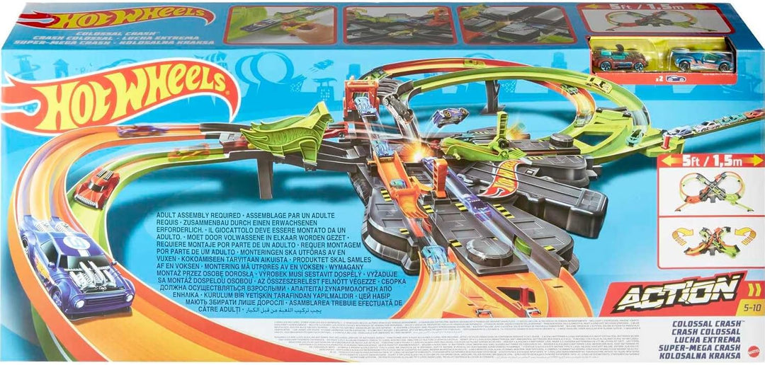 Hot Wheels GFH87 - Super Mega Crash Grosse Rennbahn mit 8er Looping Kurve XXL 1,5 m breites Spielset