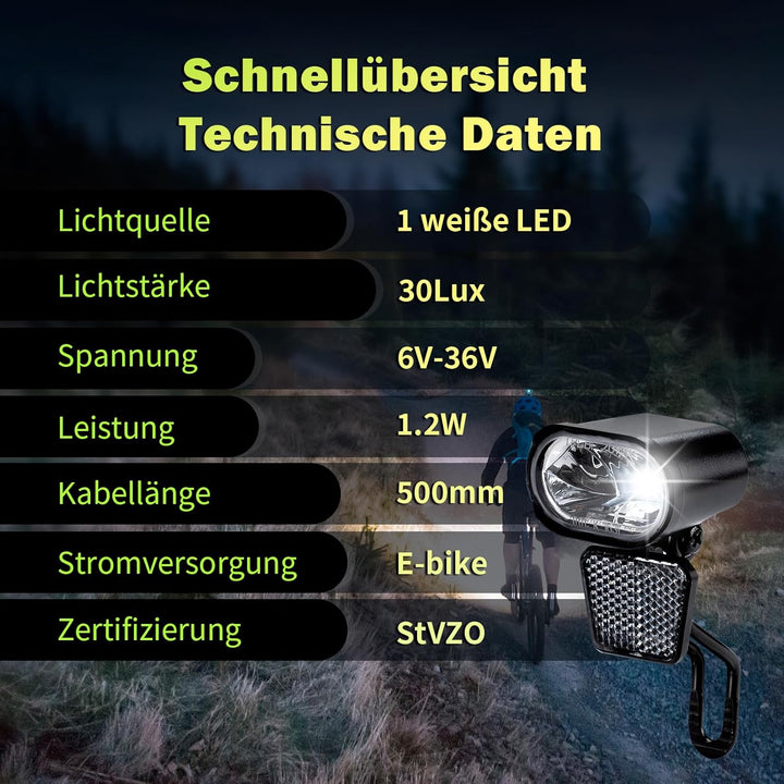 Fahrrad Frontlicht LED 30-100 Lux, Alu-Kühlkörper, 6-58V E-Bike/Fahrrad, IPX4/5, StVZO E-Bike 30lux,