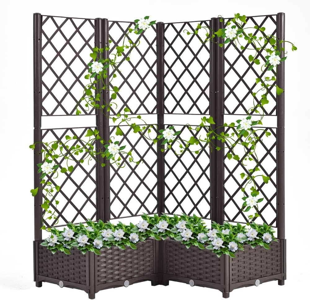 Mingone Rankgitter Hochbeet Pflanzgefäss Blumenkasten mit 3 Pflanzgefäss Wasserspeicher Balkonkasten