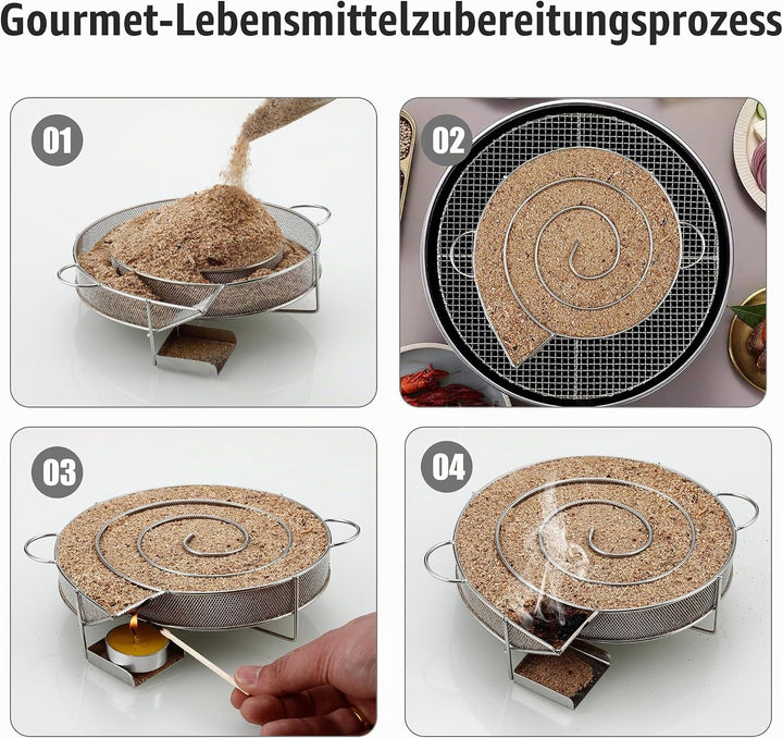 Kaltrauchgenerator aus Edelstahl,Rund Räucherschnecke,Sparbrand Räucherofen mit Henkel,mit 4 Fleisch