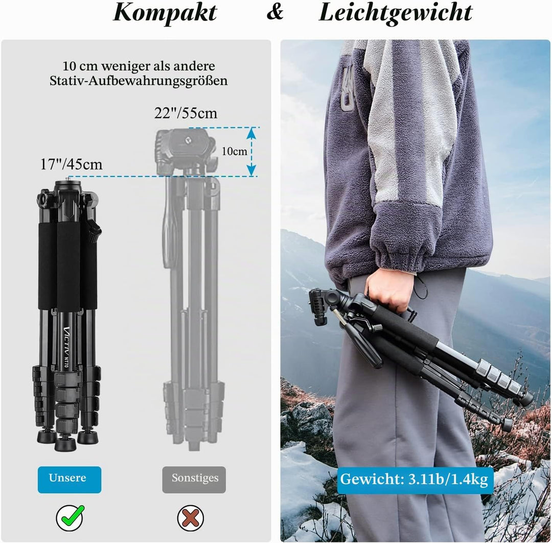 Victiv Kamera Stativ mit 52–160-185cm Höhe, leichtes Camera Tripod mit Abnehmbar 3-Wege-Kopf, Alumin