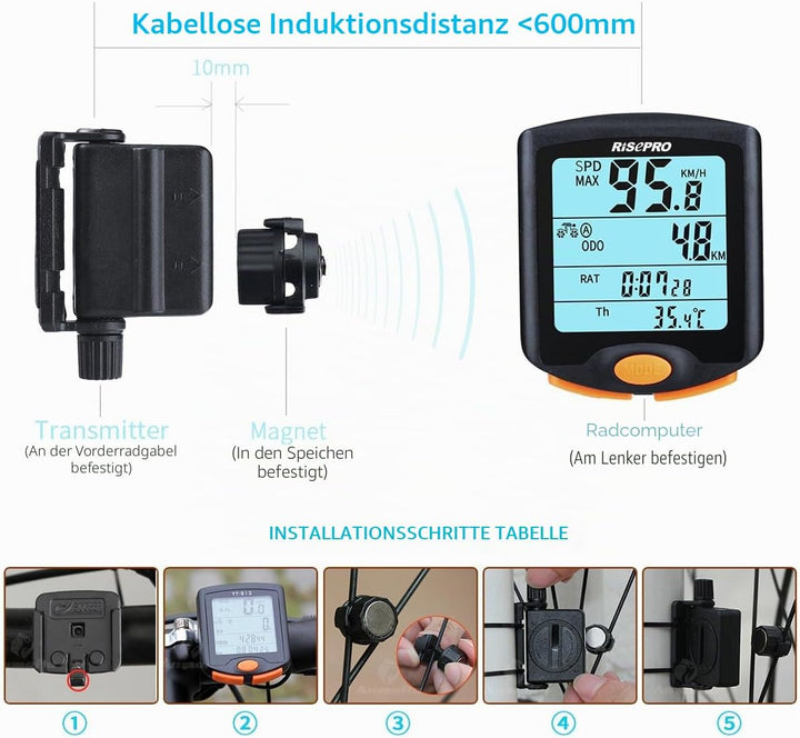 Risepro Kabelloser Fahrradcomputer, wasserdicht, Multifunktions-Fahrradcomputer mit hintergrundbeleu