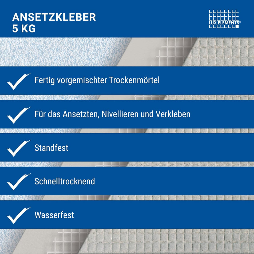 LUX ELEMENTS Ansetzkleber COL-AK 5kg I Fertig vorgemischter Trockenmörtel für Ansetzen, Nivellieren
