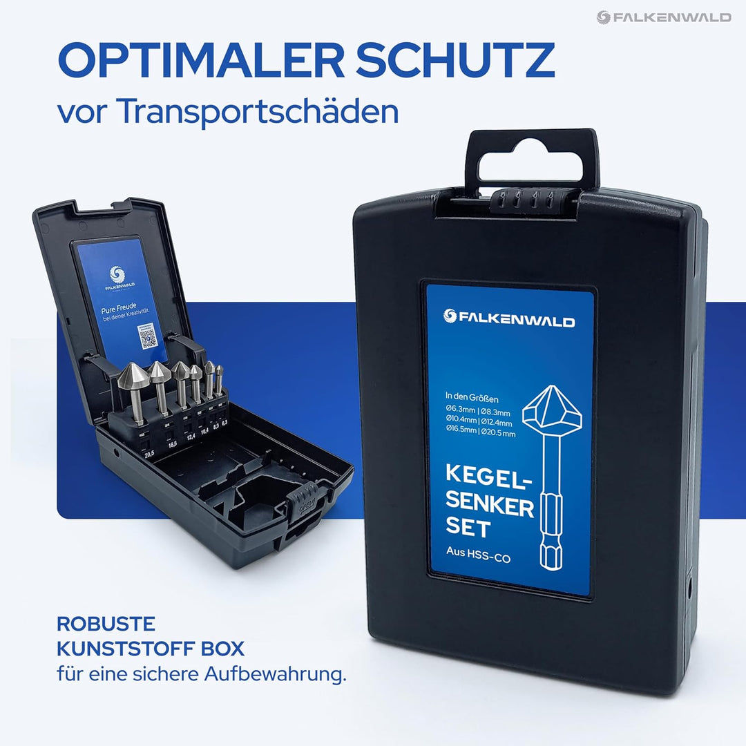 Falkenwald Kegelsenker Set aus HSS-CO Stahl [6-teilig inkl. Aufbewahrungsbox] - Senkbohrer Holz Ø 6,