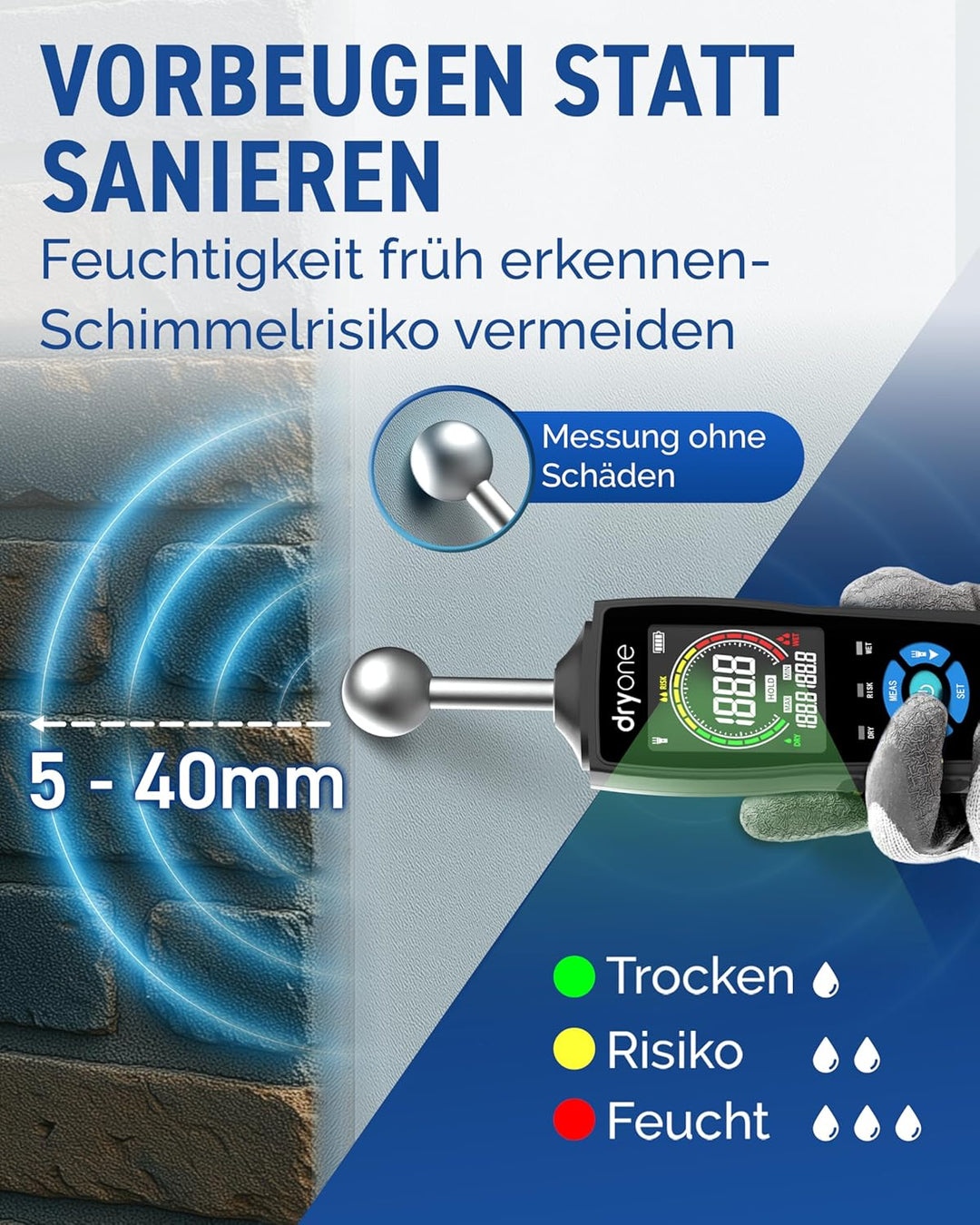 DryOne® DetectX Feuchtigkeitsmessgerät für Wand, Holz, Mauerwerk, Estrich & Beton - verlässliche Mes