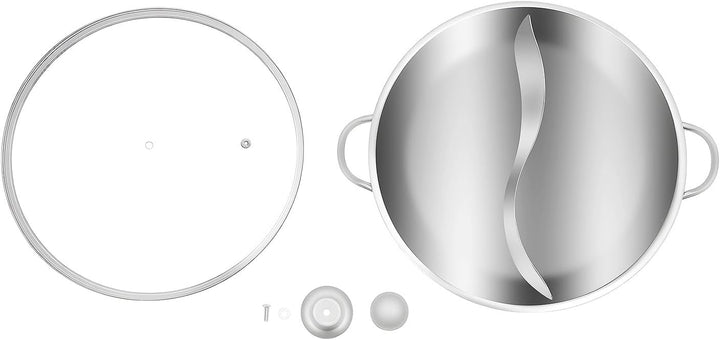 Shabu Topf,Edelstahl Geteilter Hot Pot 34cm Doppelfach Induktionstauglich mit Griff Glasdeckel, S-Ty