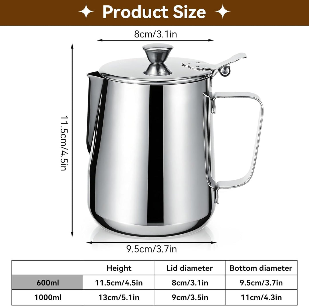 Milchkännchen mit Deckel, 600 ml/1000 ml, Milchaufschäumkännchen,Edelstahl Milchkännchen,Edelstahl-K