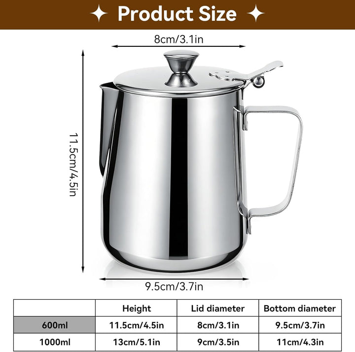 Milchkännchen mit Deckel, 600 ml/1000 ml, Milchaufschäumkännchen,Edelstahl Milchkännchen,Edelstahl-K
