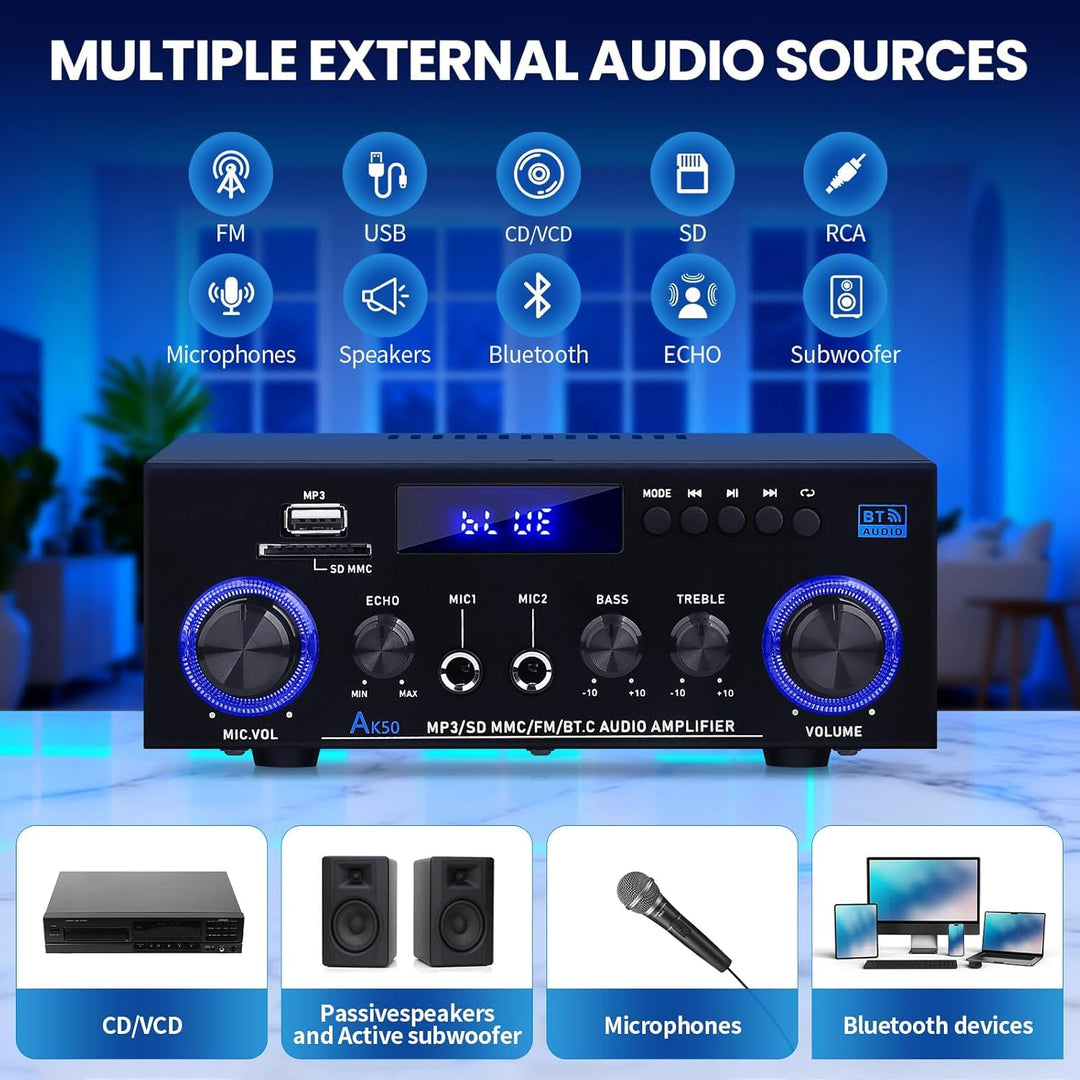 AK50 HiFi-Verstärker mit Bluetooth RMS 60WX2 Stereo Audio Verstärker Empfänger 2.0 Kanal Max 400W Au