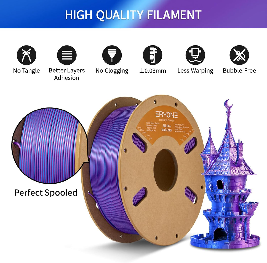 ERYONE Dual Seiden PLA Filament 1.75mm,Co-Extrucsion PLA Seiden Filament für 3D Drucker +/- 0,03 mm,