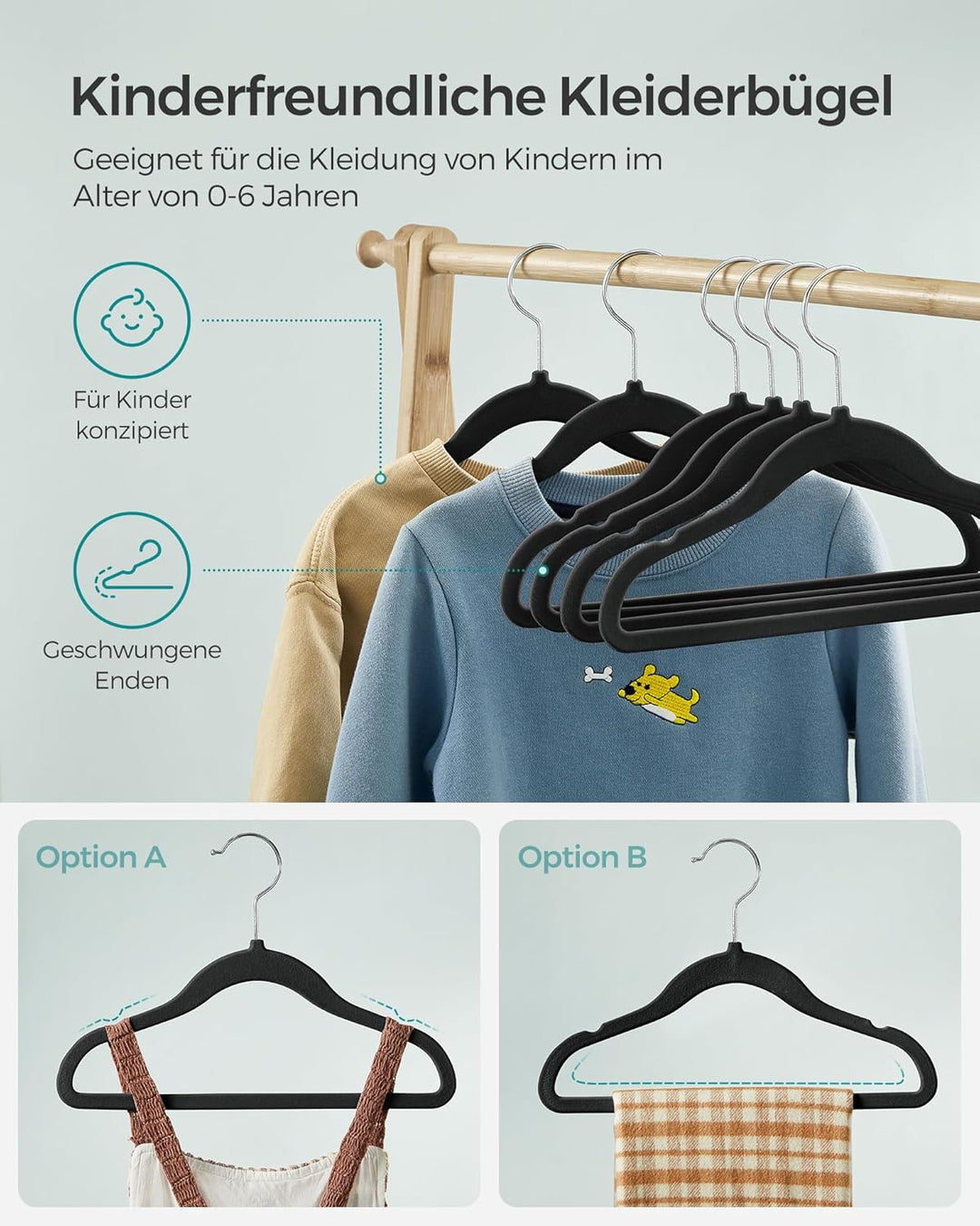 SONGMICS Kinderkleiderbügel, 50er Set Kleiderbügel Kinder, Baby-Kleiderbügel, Bügel Samt, 360° drehb