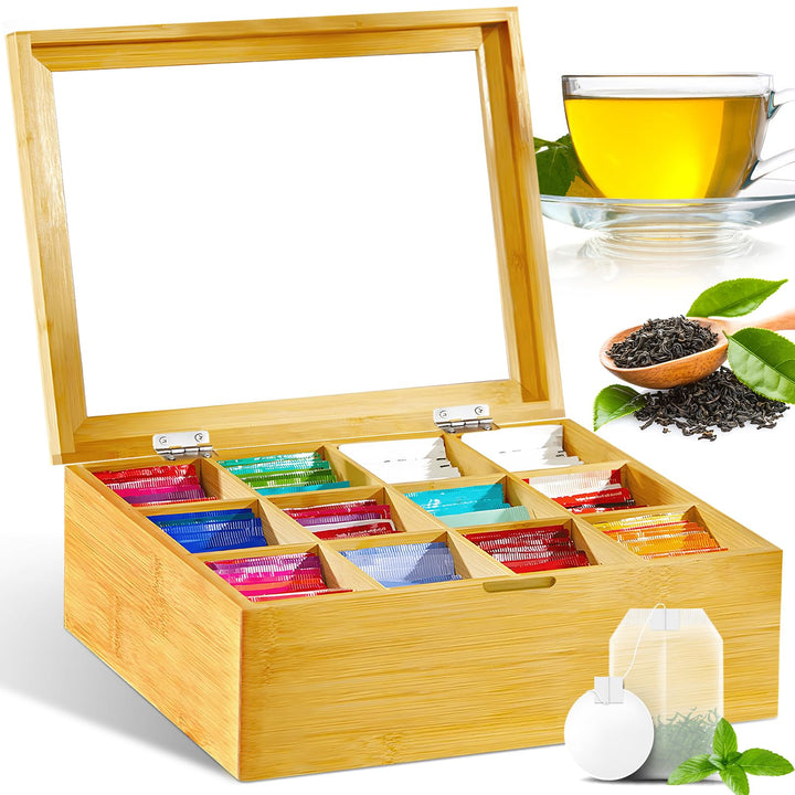 Teebox, Teebox aus Holz mit 12 Fächern und Sichtfenster, Teebeutel Aufbewahrungsbox, Teekiste Holz,