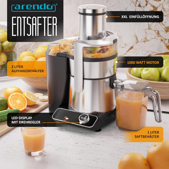 Arendo - Entsafter digital mit Display - 1 Liter – 1000 Watt – XXL Einfüllschacht – LED Display - Fa