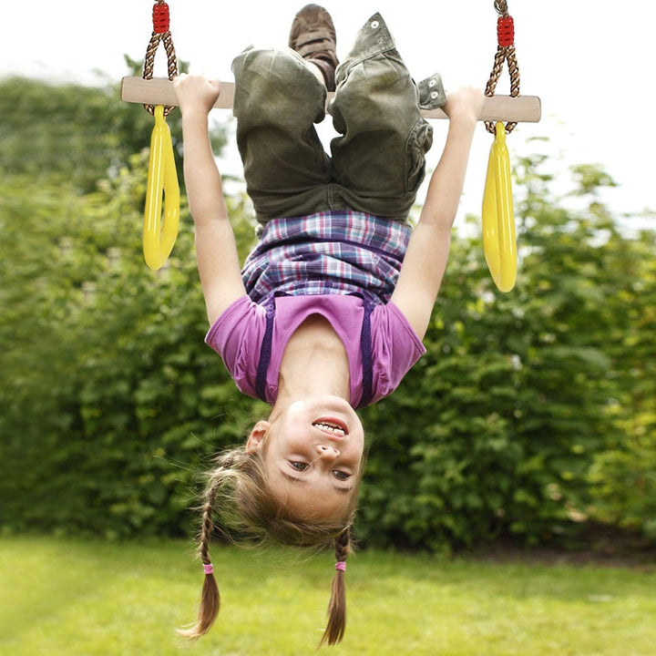 PELLOR Multifunktions Kinderholz Trapeze Schaukel mit Kunststoff Turnringe zum Aufhängen belastbar b