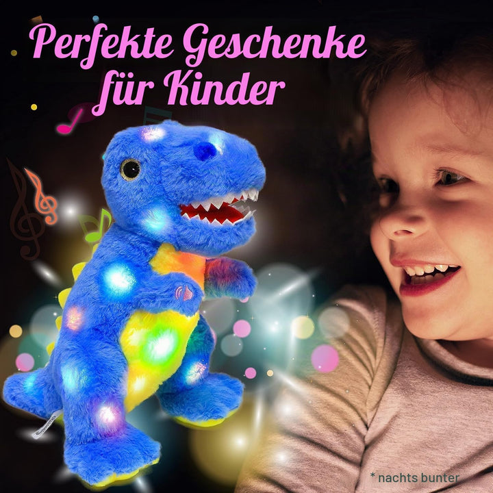 Blau Dinosaurier LED Musikalisches Plüschtier mit Leuchtend Singender T-Rex Schlaflied, Dino Kuschel