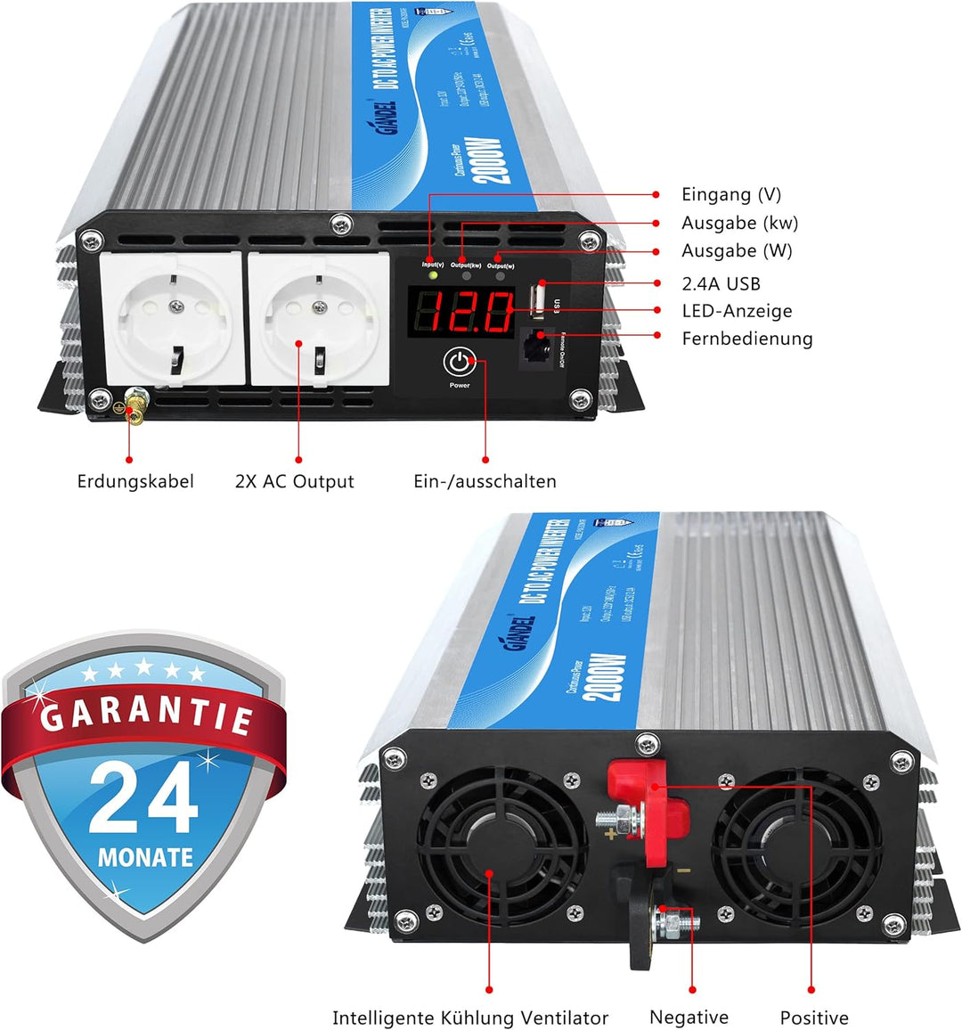 GIANDEL 2000W Modifizierter Welle Wechselrichter 12V auf 230V Spannungswandler Kompatibel Lithium-Ba
