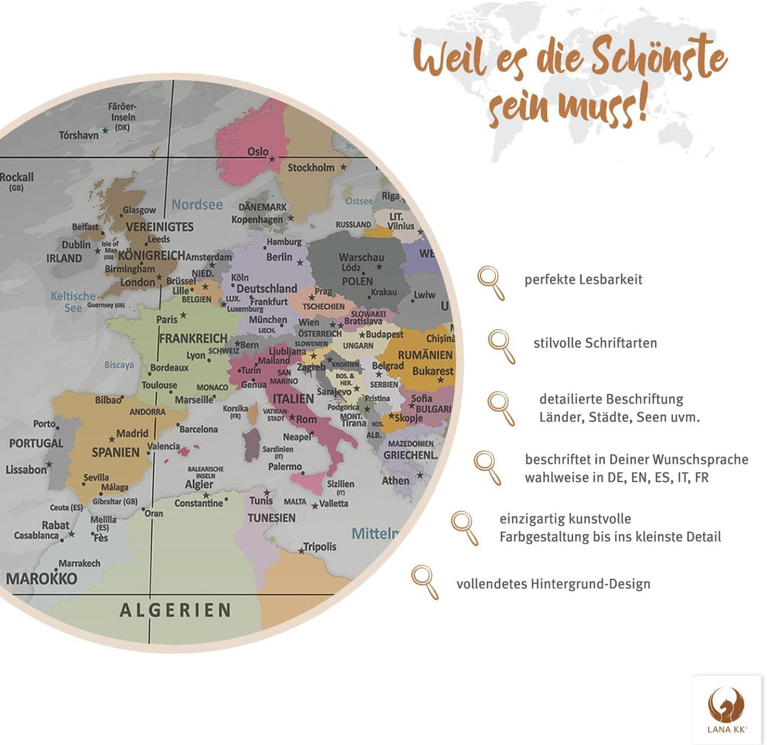 LANA KK - Weltkarte Leinwandbild mit Korkrückwand zum pinnen der Reiseziele – „Worldmap Edelgrau” -