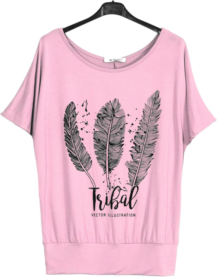 Van Der Rich ® - Oversize T-Shirt mit Fledermausärme - Damen #Feder-rosa M, #Feder-rosa M