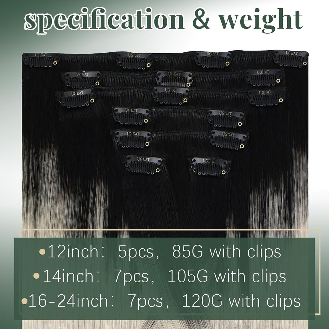 Ugeat Echthaar Clip in Extensions 120Gramm Bayalage Schwarz mit Aschblond bis Platinblond 1B/18/60 C