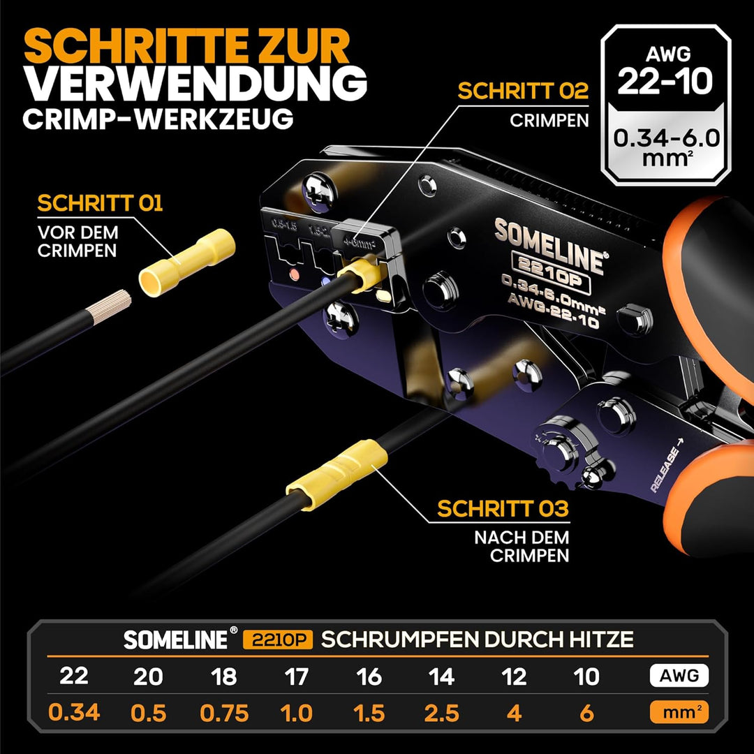 SOMELINE® Crimpzange Stossverbinder Set, 0,34-6mm² Kabelschuhzange, mit 3 Arten Isolierte Stossverbi