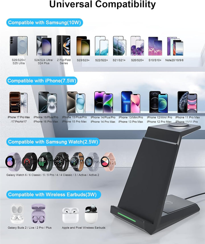 NANAMI Induktive Ladestation für Samsung Wireless Charger 3 in 1 Ladestation Kompatibel für Galaxy W