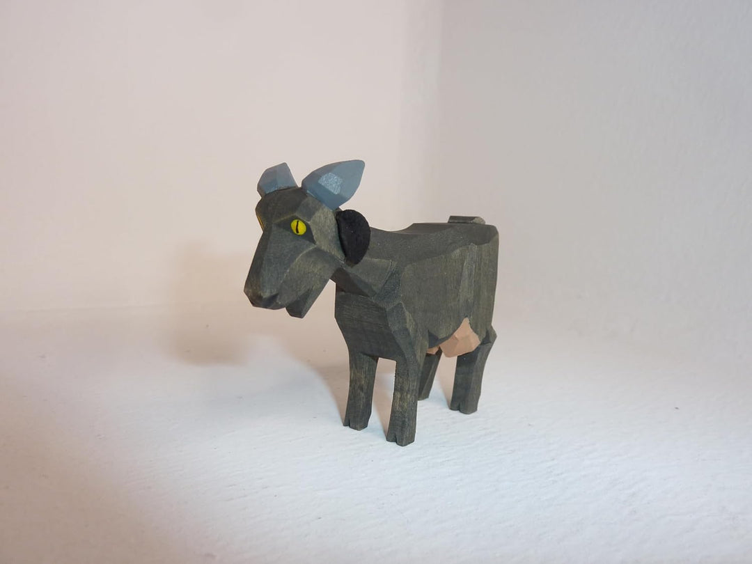 Ziege schwarz stehend mit Baumwollbeutel Krippenfigur