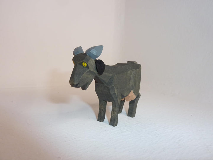 Ziege schwarz stehend mit Baumwollbeutel Krippenfigur