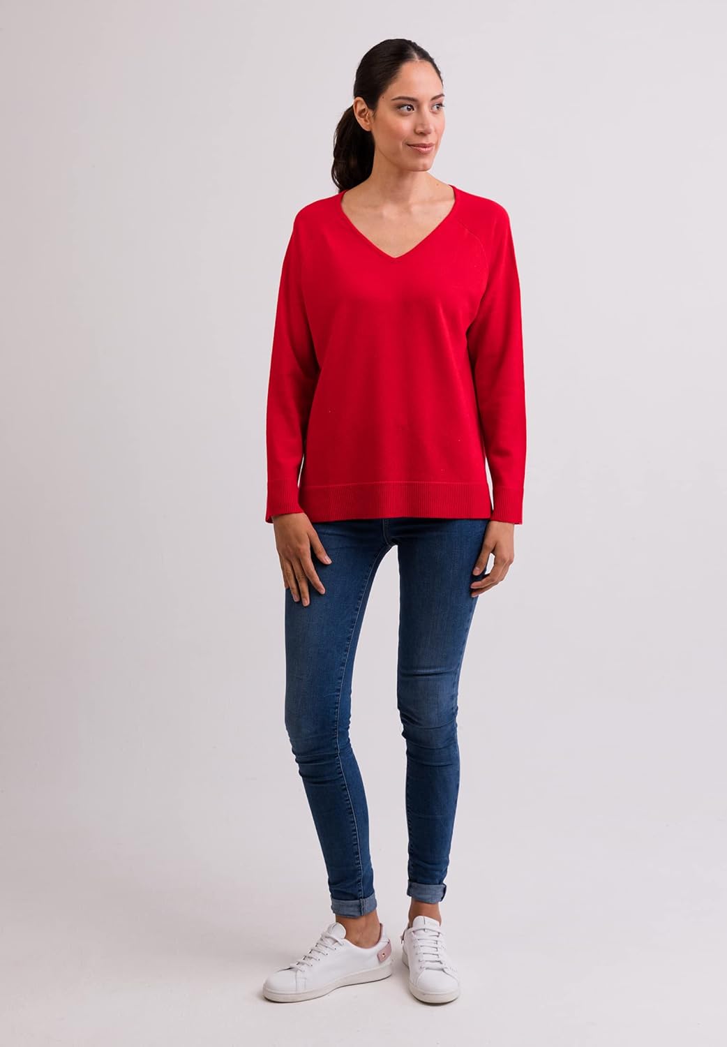 CASH-MERE.CH 100% Kaschmir Damen Pullover mit geradem Schnitt und Seitenschlitz | Sweater V-Ausschni