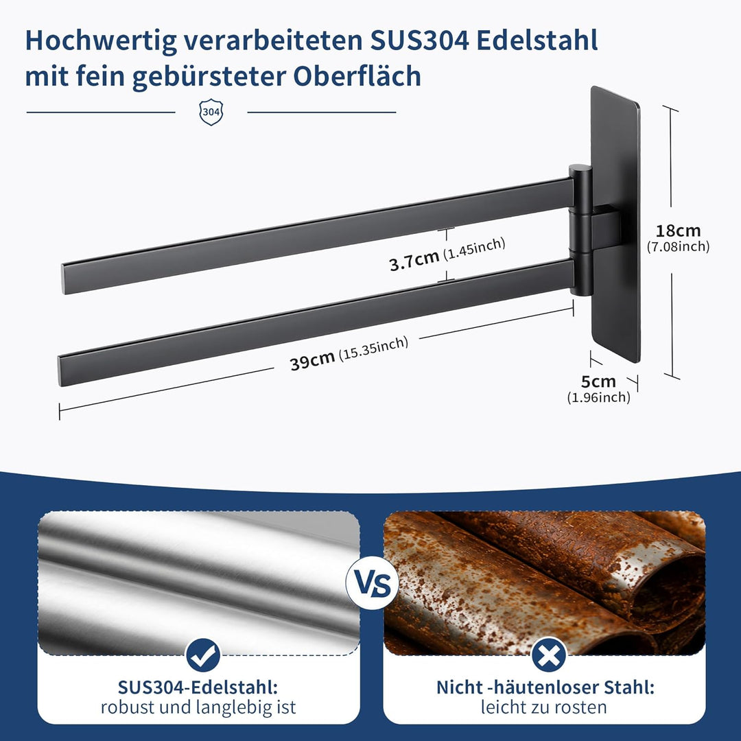 Handtuchhalter Ohne Bohren, 180° Schwenkbar Zweiarmig Handtuchstange Schwarz matt für Bad Küche, 304