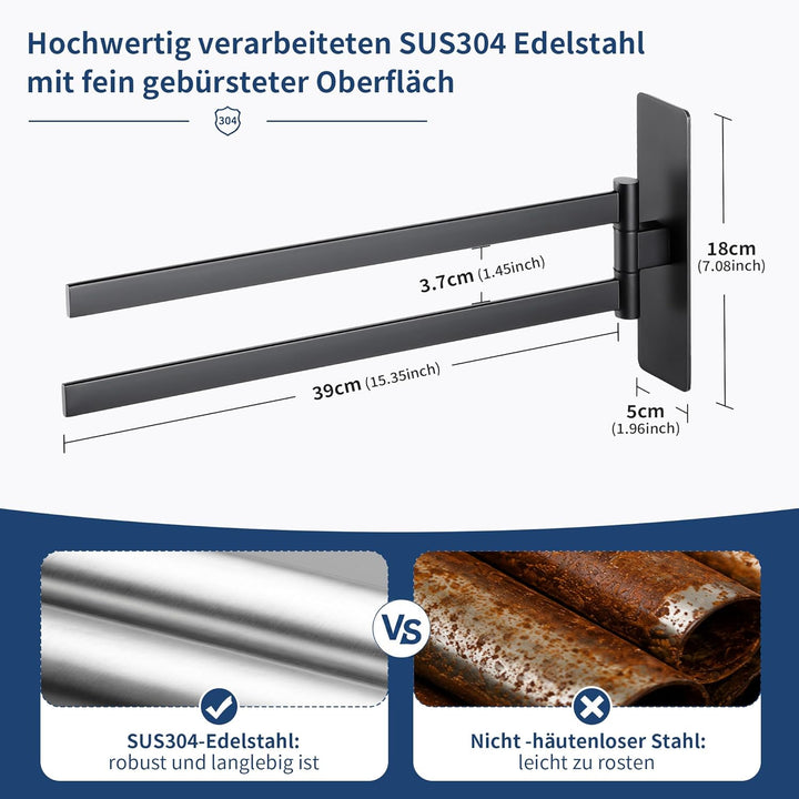 Handtuchhalter Ohne Bohren, 180° Schwenkbar Zweiarmig Handtuchstange Schwarz matt für Bad Küche, 304