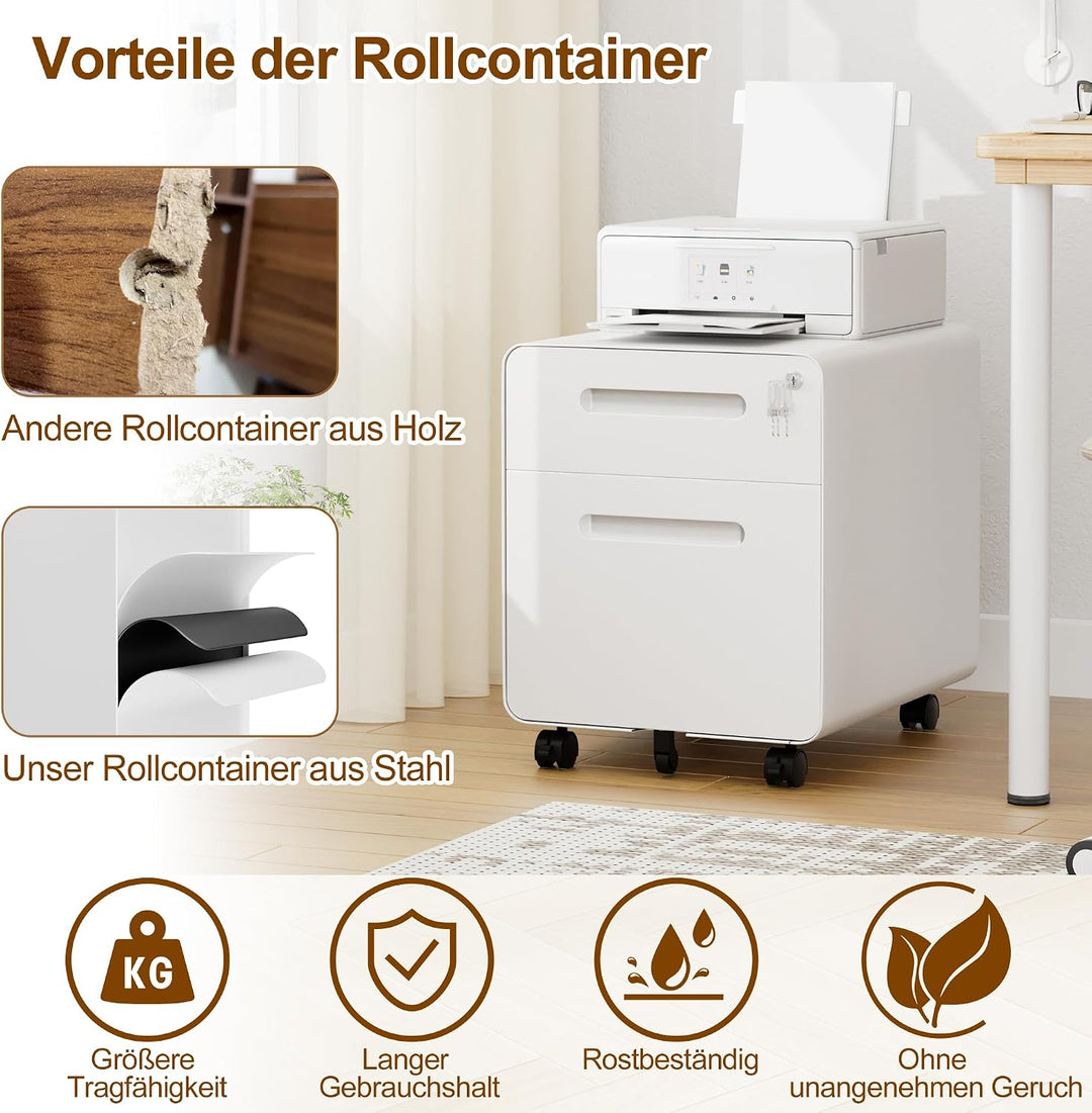 Rollcontainer, Mobiler Aktenschrank mit Schloss, Abgerundeten Ecken, 4 Schlüssel, Druckertisch, Bere