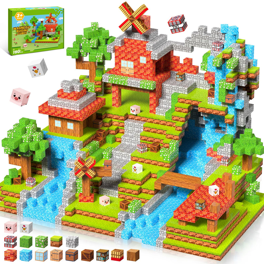 Magnetische Bausteine Blöcke 150 Stück 2 cm, Magnetic Building Blocks mit Windmühle Tiere, Magnet Ba