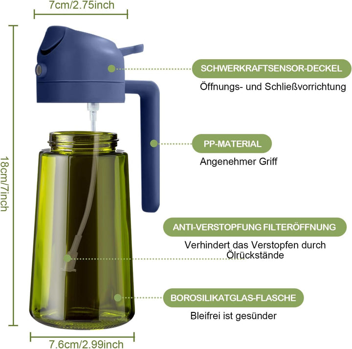 YARRAMATE 2 Stück 470ml Ölsprüher zum Kochen, 2-in-1 UV Schutz ölzerstäuber für die Küche, hochwerti