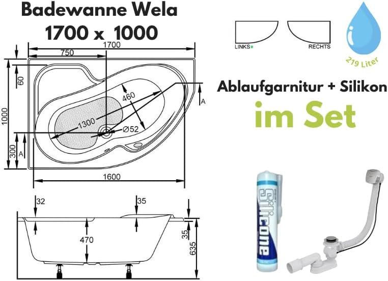 ECOLAM® Badewanne WELA 170x100 cm LINKS Schürze | Wanne mit Antirutsch Beschichtung I Eckwanne Eckba