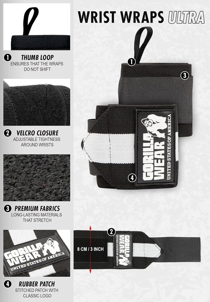 Gorilla Wear Wrist Wraps Ultra - schwarz/grau - Bodybuilding und Fitness Accessoire für Herren