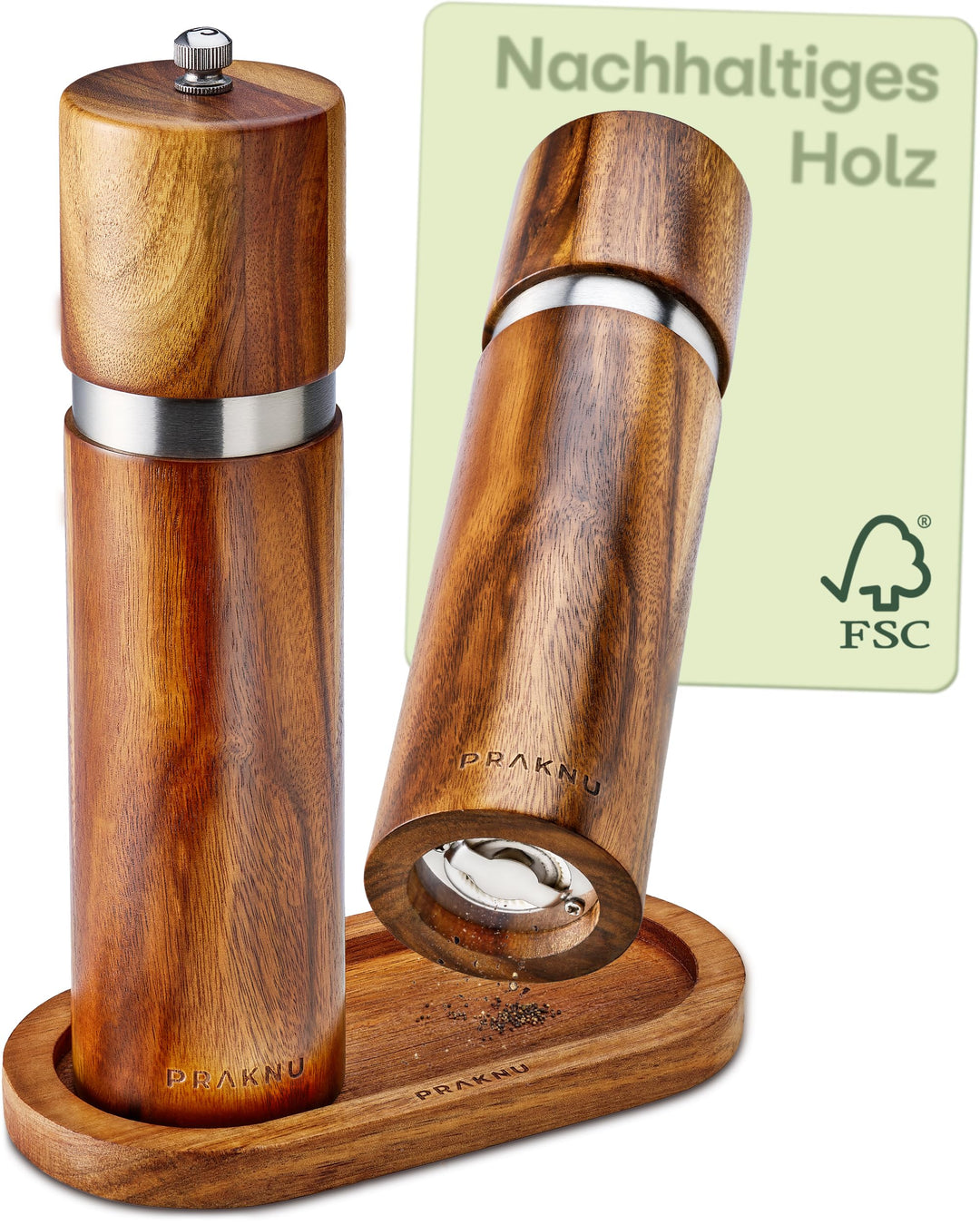 Salz und Pfeffermühle aus Akazienholz mit Untersetzer - Nachhaltiges FSC® Holz - Langlebiges Keramik