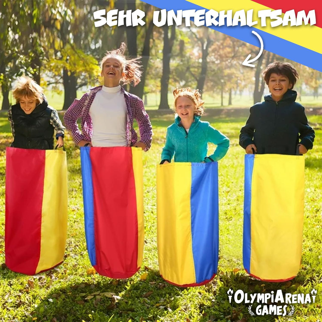 OlympiArena® Kirmes Spiele Kinder | Sackhüpfen, Eierlaufen, 3-Bein-Rennen | 12 Medaillen inklusive |