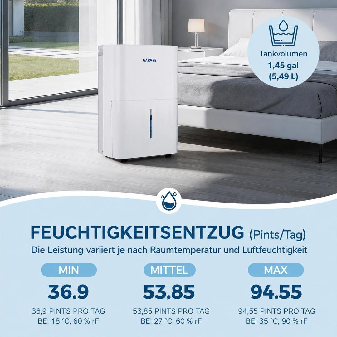 Leiser 20L/Tag Luftentfeuchter für bis zu 280m², Digitalanzeige, Dauerentwässerung, Schimmelschutz,