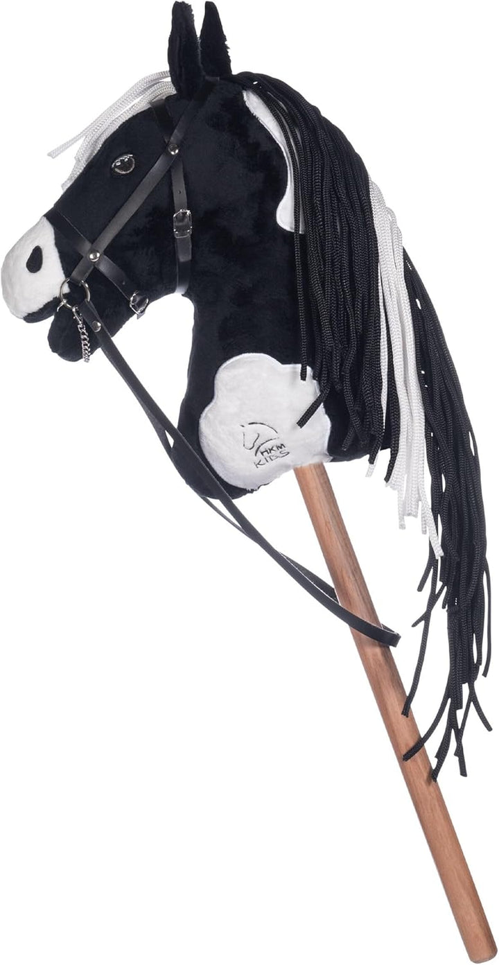 HKM Hobby Horse – Steckenpferd schwarz/weiss, abnehmbare Trense &amp; Lange Mähne, 40 cm Holzstiel – für